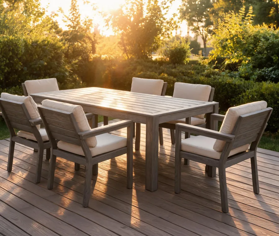 Polywood patio dining set on a sunlit deck